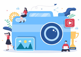 Photographer Flat Design Background with Camera, Digital Film Equipment Technology and Picture Person in Cartoon Style Vector Illustration