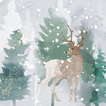 Winter background vector. Hand painted watercolor brush texture with snow, deer and Christmas decorative element, pine forest and bird. Design for wallpaper, wall arts, cover and invite card.