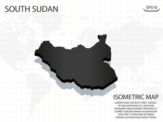 3D Map black of South Sudan on world map background .Vector modern isometric concept greeting Card illustration eps 10.