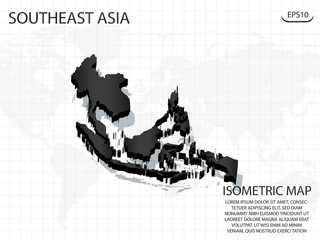 3D Map black of Southeast Asia on world map background .Vector modern isometric concept greeting Card illustration eps 10.