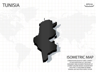 3D Map black of Tunisia on world map background .Vector modern isometric concept greeting Card illustration eps 10.