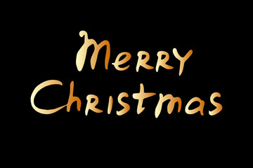 Hand written gold calligraphic inscription Merry Christmas on black background. Lettering, title, design element for banner, greeting card, invitation, postcard. Vector illustration
