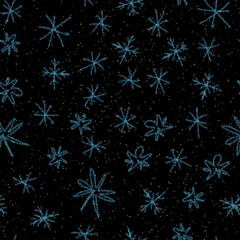 Fototapeta na wymiar Hand Drawn Snowflakes Christmas Seamless Pattern. Subtle Flying Snow Flakes on chalk snowflakes Background. Awesome chalk handdrawn snow overlay. Cool holiday season decoration.