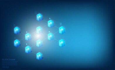 Controlling Blockchain Business Online Through Mobile Phones.and Isometric digital blocks connection and  and shapes crypto chain,global computer network Internet technology,Abstract technology.