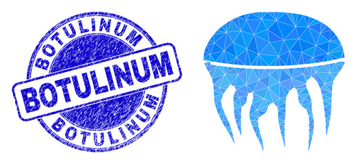 Low-Poly triangulated jelly fish 2d illustration, and Botulinum unclean watermark. Blue seal has Botulinum caption inside round form. Jelly fish icon is filled with triangles.