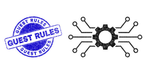 Low-Poly polygonal smart gear hub 2d illustration, and GUEST RULES corroded watermark. Blue stamp includes Guest Rules title inside round form. Smart gear hub icon filled using triangles.