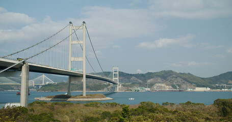 Tsing Ma Suspension bridge in Hong Kong city