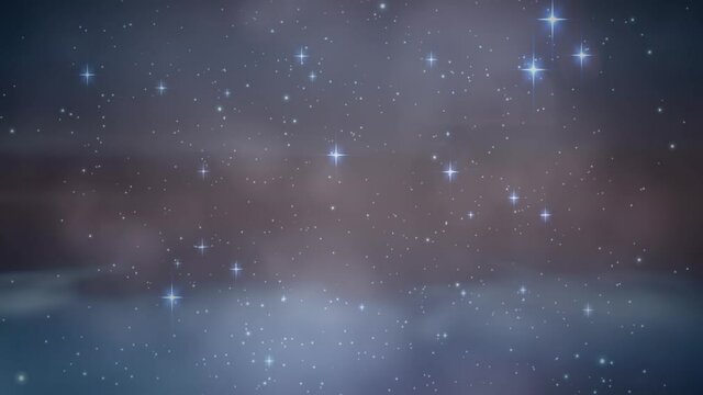 Animation of glowing christmas stars falling and flashing spots on purple background