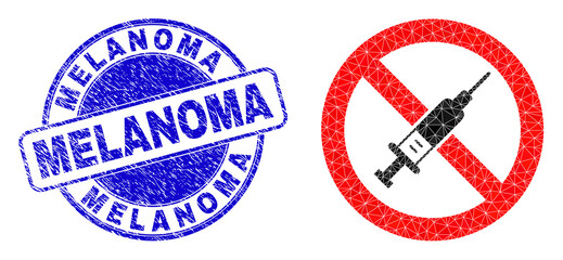 Low-Poly polygonal stop vaccine symbol illustration with MELANOMA grunge watermark. Blue stamp includes Melanoma text inside circle form. Stop vaccine icon is filled with triangle mosaic.