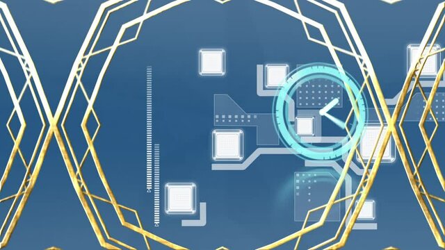 Animation of clock moving fast, network of connections with gold pattern on blue background