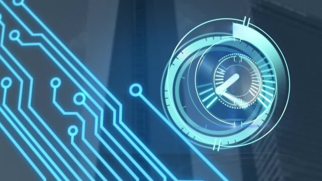 Animation of scope scanning, clock moving fast and computer motherboard