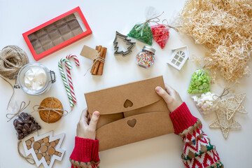 Preparing self care package. Seasonal gift box with plastic free zero waste products. Flat lay. Copy space