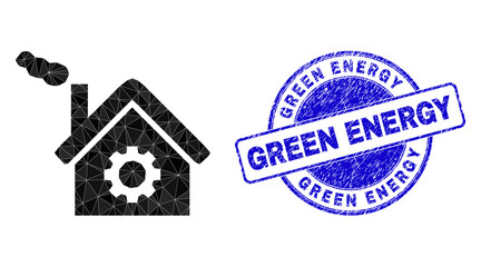 Obraz premium Low-Poly polygonal dirty factory symbol illustration, and GREEN ENERGY corroded stamp. Blue stamp seal contains Green Energy tag inside circle it. Dirty factory icon is filled using triangles.