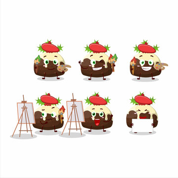 Artistic Artist of pudding cake christmas cartoon character painting with a brush