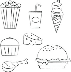 fast food icons set in black and white
