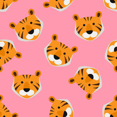 tiger head on pink background seamless pattern print vector illustration