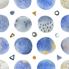 Watercolor set of illustrations of abstract circles and triangles and drops in blue and beige colors, seamless pattern