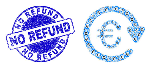 Vector euro pay again icon composition is formed with repeating recursive euro pay again icons. No Refund corroded blue round seal print. Recursion composition of euro pay again icon.