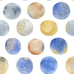 Watercolor set of illustrations of abstract circles and triangles and drops in blue and beige colors, seamless pattern