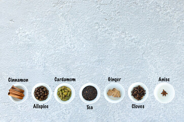 Ingredients for Indian masala tea on gray background. High quality photo