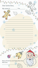 Ready made Christmas and New Year sample letter layout for Santa Claus with a line for the text Portrait of Santa Claus among gingerbread men and snowflakes