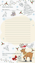 Ready made Christmas and New Years sample letter layout for Santa Claus with a line for the text A deer in a red hat among gifts and snowflakes