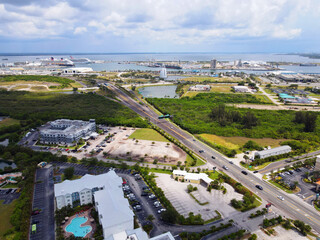 Aerial view of Cape Canaveral cruise port, harbor and tourism infrastructure on beautiful summer day