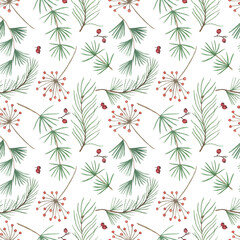 Watercolor painting seamless pattern with fir tree and red berries. Winter christmas forest background