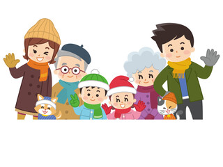 冬服を着た家族とペット　冬