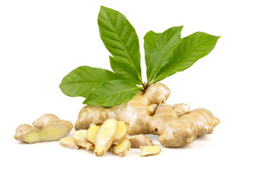 Fresh ginger rhizome sliced with green leaves isolated on white background with clipping path
