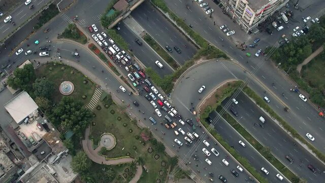 Aerial Shot Of Cars In Rush Hour Grid Lock On Busy Urban Highway