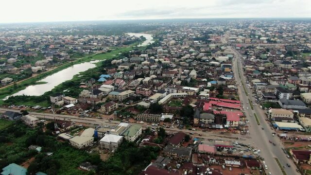 The sprawling city of Owari or Owerri Town in the Imo State of Nigeria in West Africa - panoramic aerial view