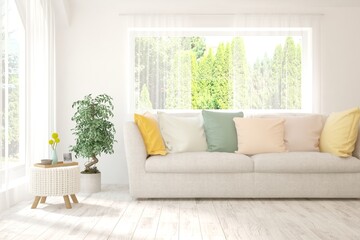 Minimalist living room in white color with sofa and summer landscape in window. Scandinavian interior design. 3D illustration