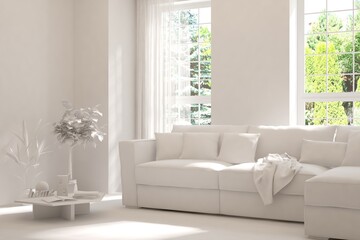 Mock up of stylish room in white color with sofa and green landscape in window. Scandinavian interior design. 3D illustration