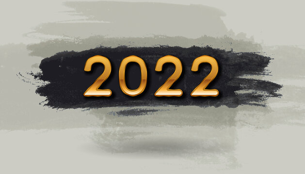 Golden 2022 New Year lettering on black grunge watercolor brush strokes. Vector greeting card design