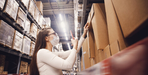 Point of postal, Woman warehouse worker in protective mask with phone scan cardboard box, service delivery banner