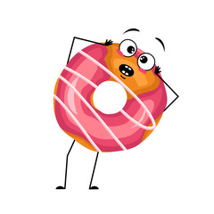Naklejka premium Cute glazed donut character with emotions in panic grabs his head, surprised face, shocked eyes, arms and legs. Man baking dessert with scared expression. Vector flat illustration