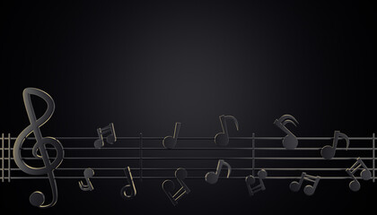 Black music notes flowing along the lines of the song melody in a dark background. Copy space for your text or title on top. The concept of music and aesthetic rhythm. 3D illustration rendering.