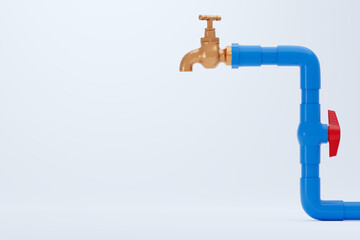 Brass faucet and blue PVC water pipe on white background. Closeup and copy space for text or article on the left. The concept of plumber maintenance work. 3D illustration rendering.