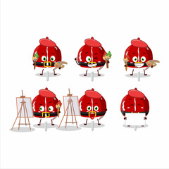 Artistic Artist of red candy cookies christmas cartoon character painting with a brush