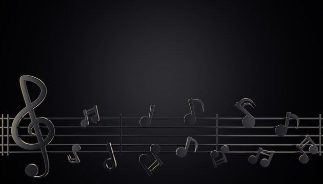 Black music notes flowing along the lines of the song melody in a dark background. Copy space for your text or title on top. The concept of music and aesthetic rhythm. 3D illustration rendering.
