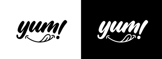 Yum. Yummy handwritten word. Modern calligraphy. Calligraphic doodle text design for print. Vector logo design. Hand drawn lettering in cartoon style. Phrase yum with licking tongue.