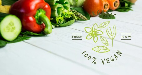 Animation of 100 percent vegan text in green over fresh organic vegetables on wooden boards