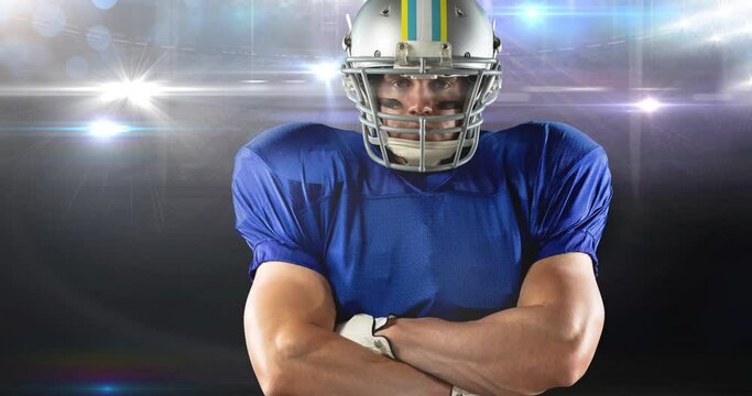 Animation of portrait of male american football player at floodlit stadium