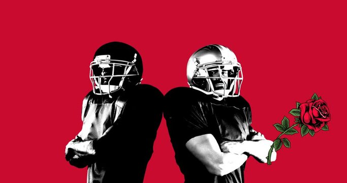 Animation of male american football players back to back over falling red roses on red background