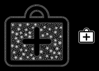 Glossy polygonal mesh net first-aid case icon with glitter effect on a black background. Wire frame first-aid case iconic vector with glitter points in bright colors.