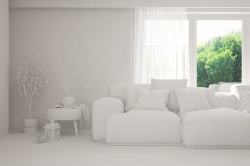 Mock up of stylish room in white color with sofa and green landscape in window. Scandinavian interior design. 3D illustration