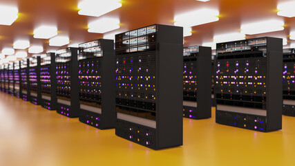 Server. Server room data center. Backup, mining, hosting, mainframe, farm and computer rack with storage information. 3d render