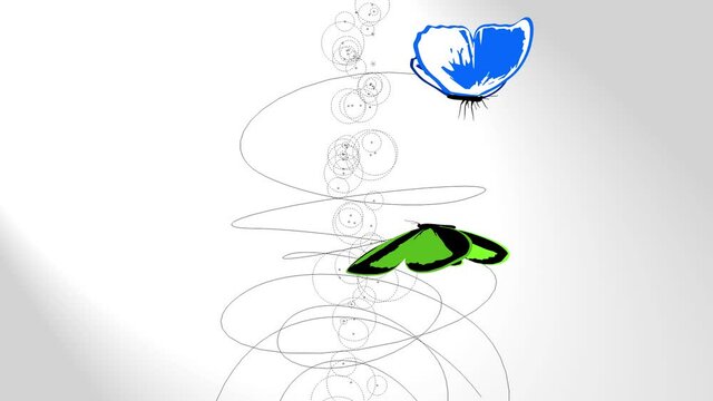 3d animation, two butterflys drawing curves on the air on white background
