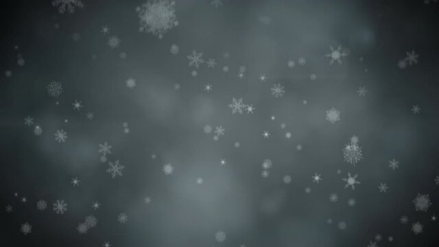 Animation of christmas snowflakes falling over smoke on night sky
